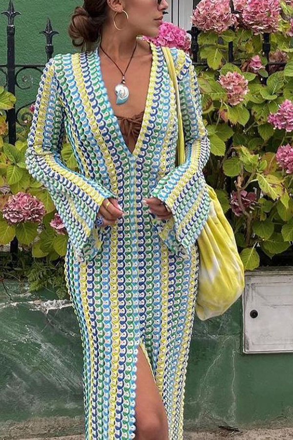 Eleanor Knit Colorful Wave Unique Print Shirt U-neck Long Sleeve Slit Maxi Dress