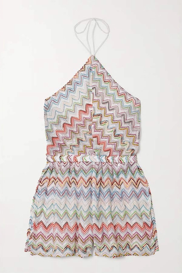 Juney Knit Colorful Zigzag Pattern Halter Neck Slit Wide Leg Loose Romper