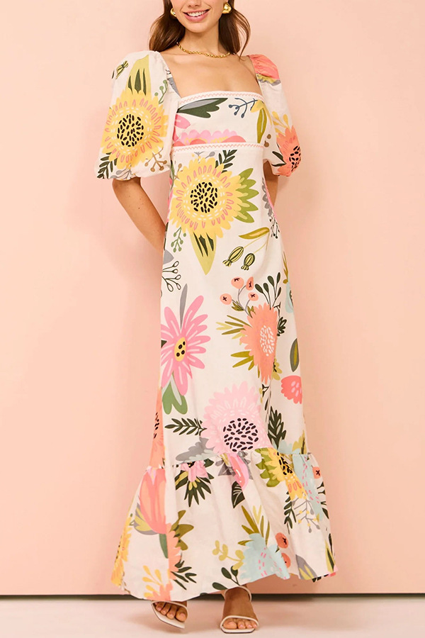 Embrace The Glamour Linen Blend Unique Print Puff Sleeve Pocketed Maxi Dress
