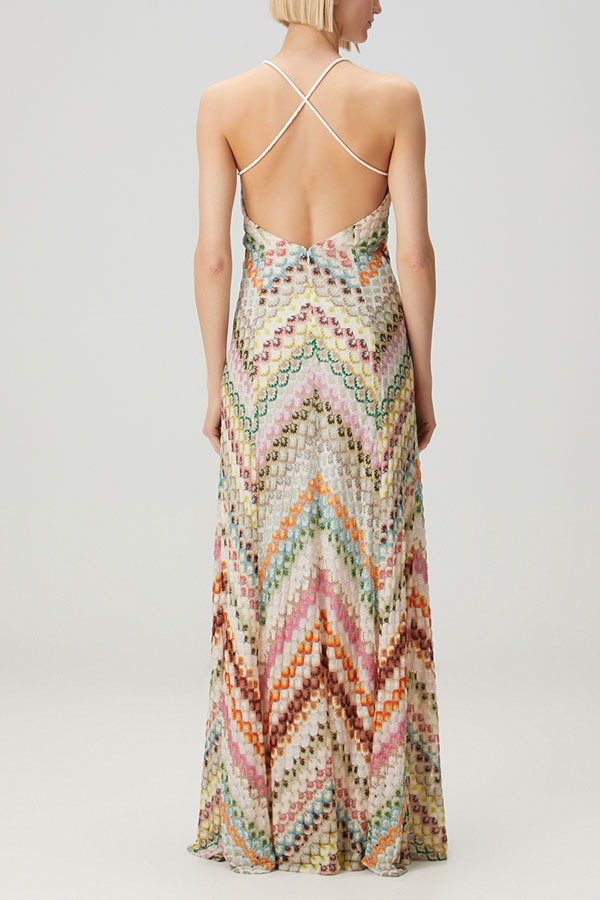 Missoni Summer Knit Colorful Herringbone Print Open Beck Maxi Dress