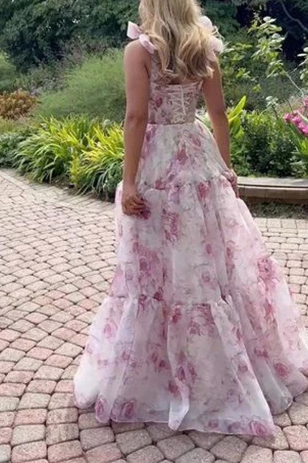 Fairytale Itself Organza Floral Print Tie Strap Maxi Dress