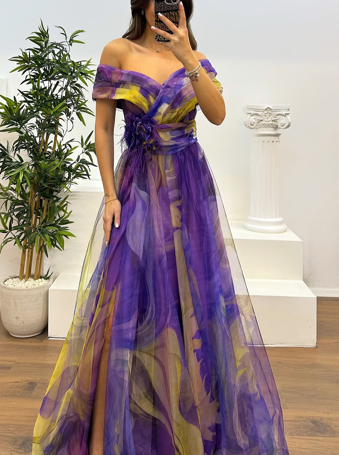 Fairy Flower Feather Pendant Elegant Fallen Fold Off Shoulder Party Split Design Long Dress