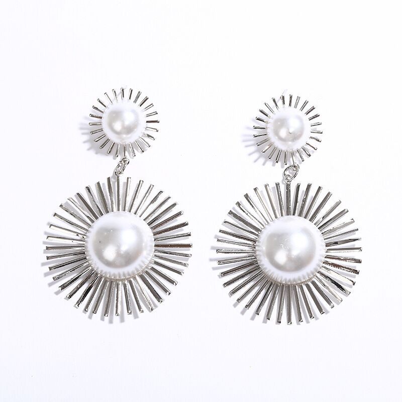 Beaded Double Geometric Pattern Drop Earrings
