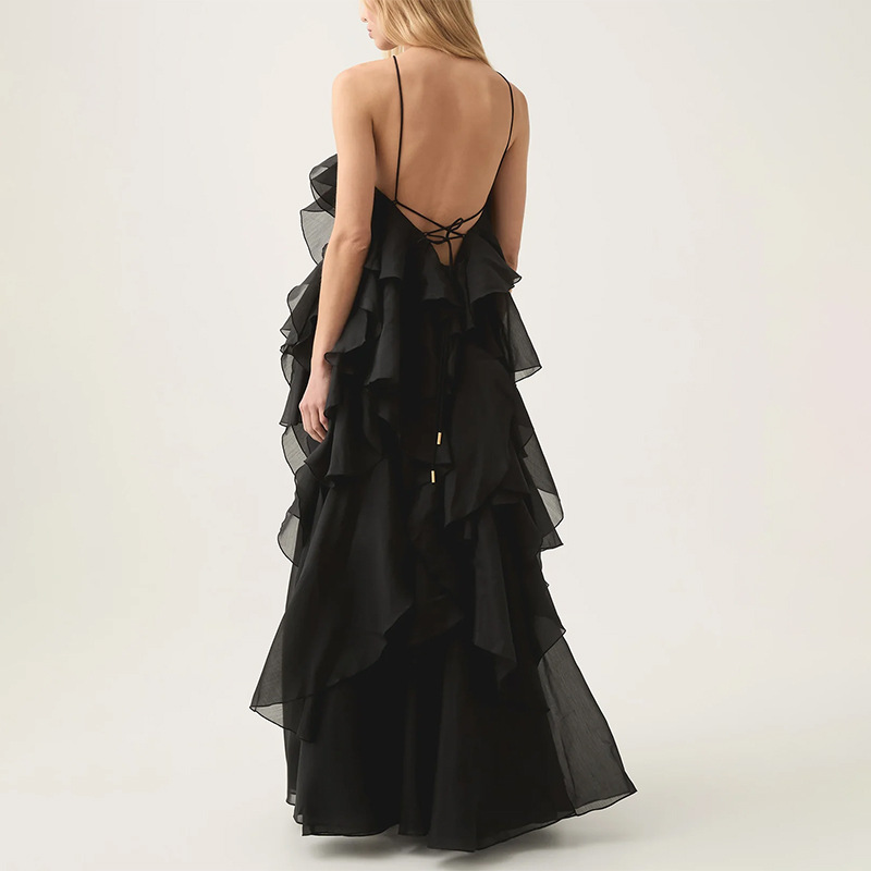 Free - Flowing Rose Detail Tiered Ruffles Halter A-line Maxi Dress
