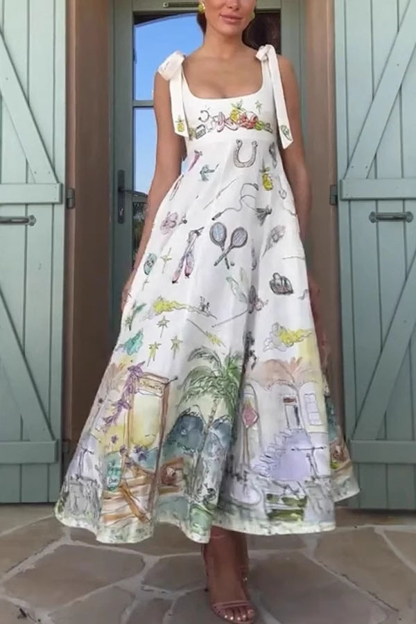 Euro Summer View Linen Blend Unique Print Tie-up Straps Pocket Midi Dress