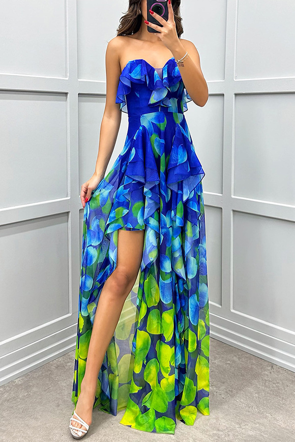 Fashionable party gradient unique printed flowing layered pleated strapless slim fit long skirt