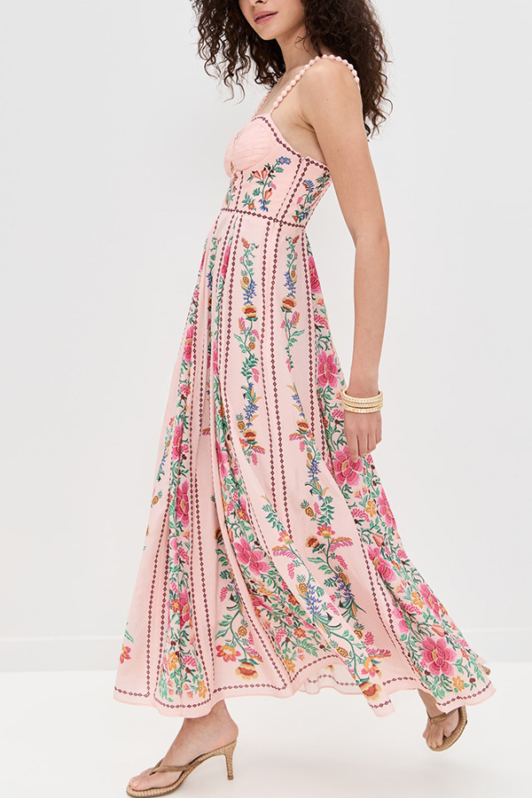 Linen Blend Delicate Forest Unique Print Sweetheart Neck Beaded Straps Maxi Dress