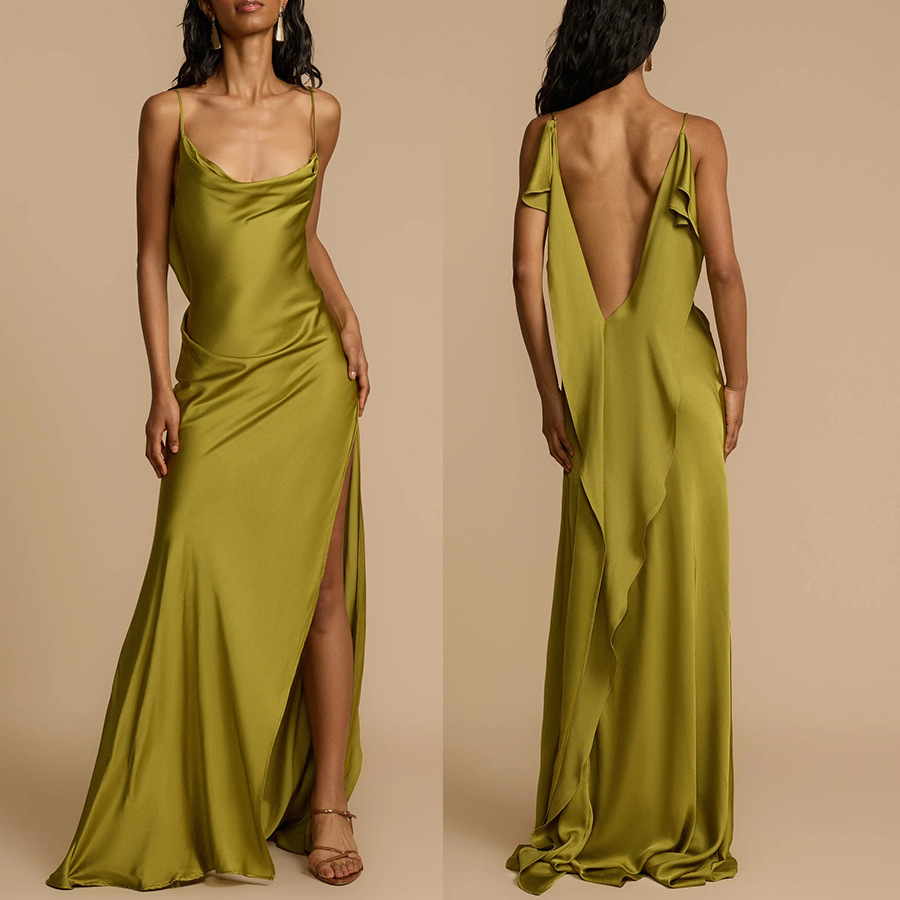 Evening Date Satin Cowl Neck Drape Ruffle Backless Bias Cut Party Maxi Dress