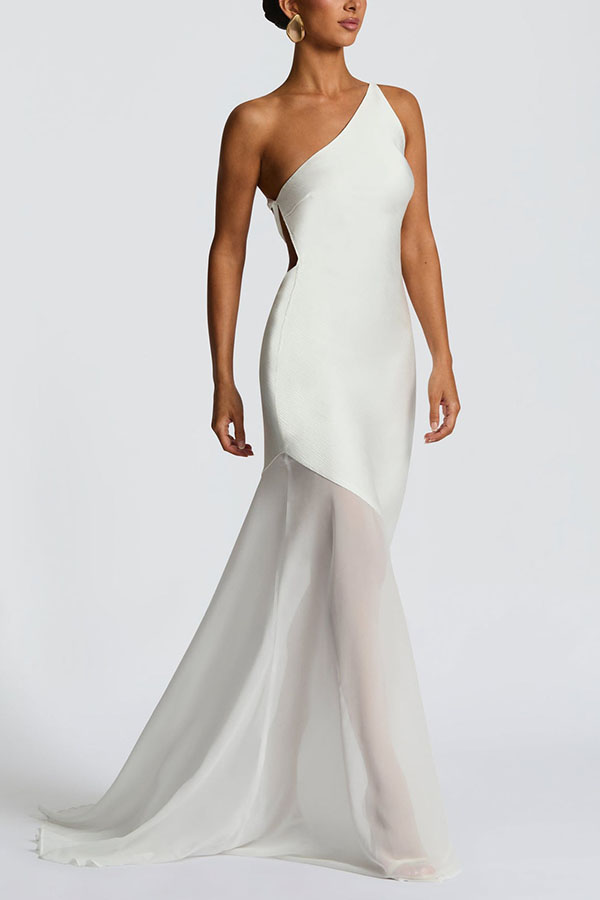 Fable Satin One Shoulder Back Adjustable Straps Contrast Chiffon Hem Maxi Dress