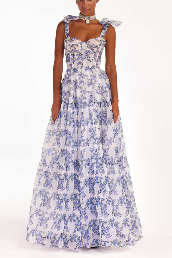 Fairytale Itself Organza Floral Print Tie Strap Maxi Dress