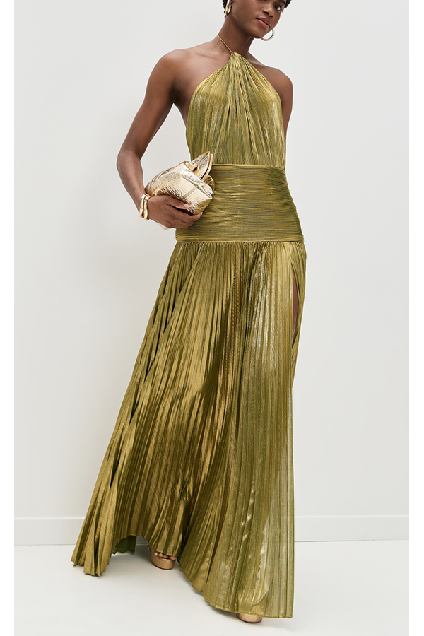 Glamorous Metallic Pleated Fabric Open Back Halter Slit Maxi Dress