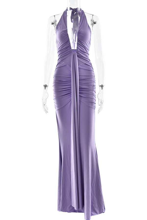 Solid Color Elegant Halterneck V-neck Open Back Tie Gathered Maxi Dress