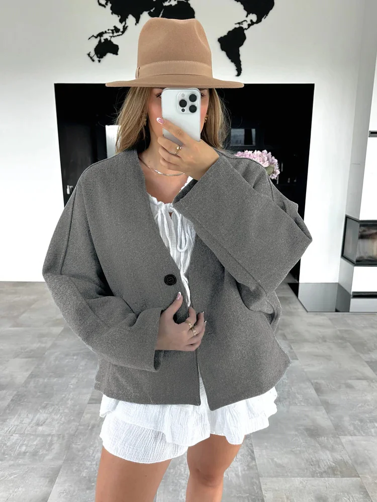 Female Autumn Commute Outwear Pocket Fashion V-Neck Long Sleeve Patchwork Streetwear Solid Cropped Coat Ladies Jacket New