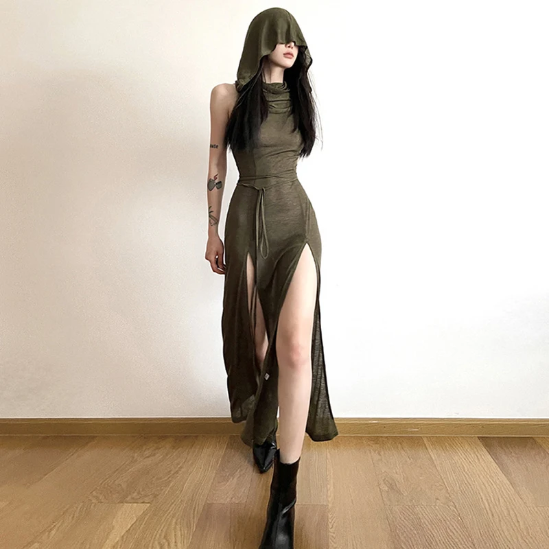 Grunge Dress y2k Women Clothes Solid Color Sleeveless Hollow Out Back Slit Hooded Dress 2000s Halloween Party Dresses
