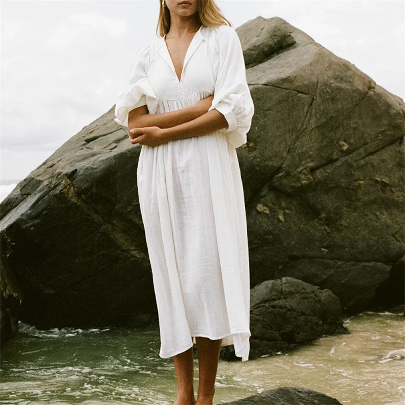 Beach Party Dress Women Summer Solid Color Round Neck Tie Front Puff 3/4 Sleeve Loose Midi Dress Vacation Dresses