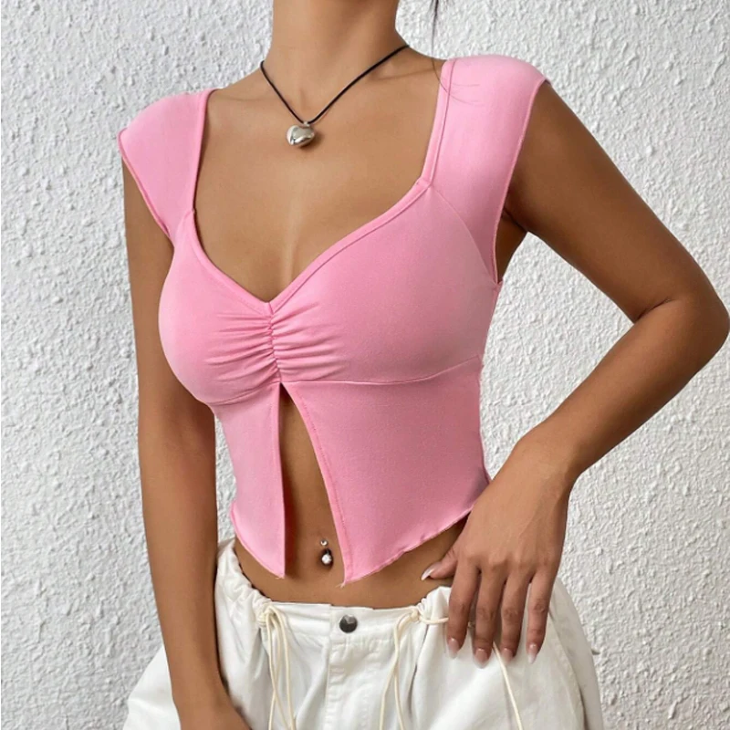 Instagram's new European and American sexy Spice girls design a thin short T-shirt with a slit under the chest
