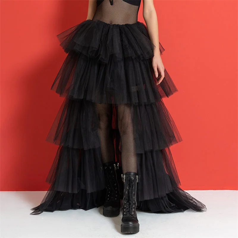 Tulle Skirts Women y2k Solid Color Elastic High Waist Asymmetrical Hem Long Skirts Summer Evening Party Skirt Clubwear
