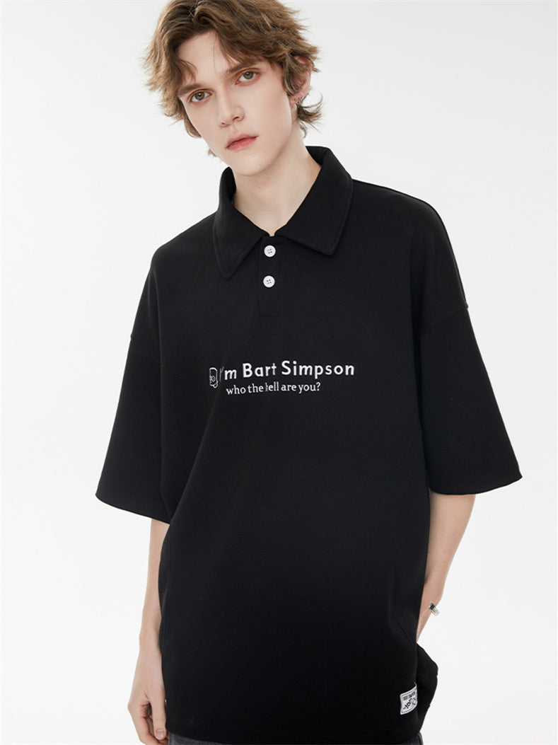 Simple Slogan Collared Casual Mid-sleeve T-shirt