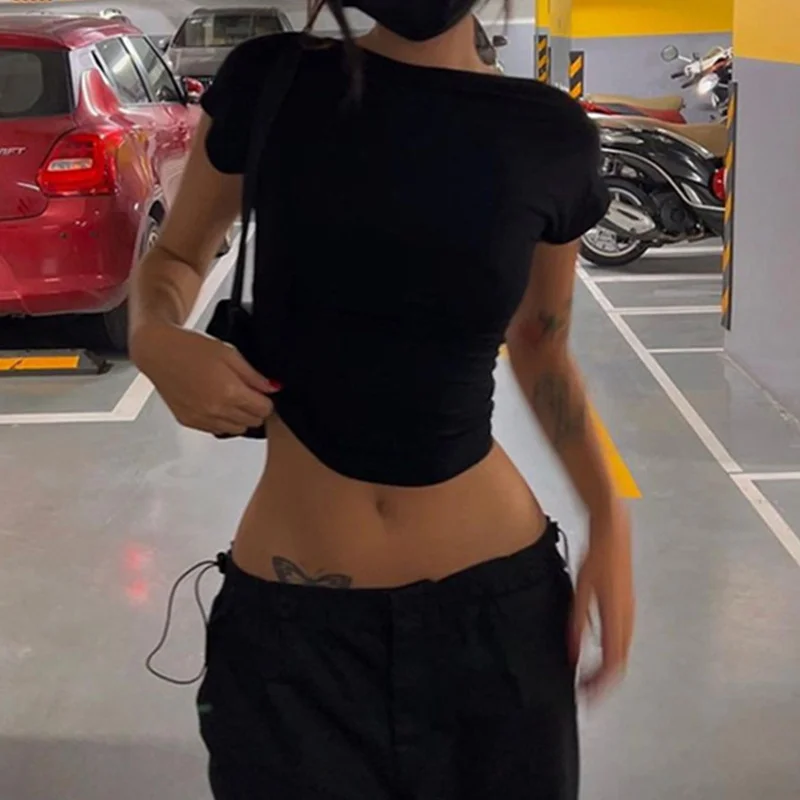 y2k Sexy Backless Crop Top Women Solid Color Round Neck Short Sleeve T Shirt 2000s Baby Tees Skinny Clothes Streetwear