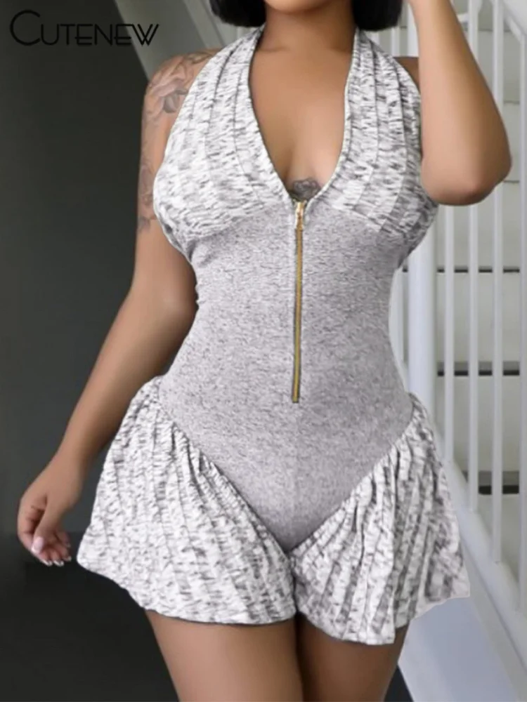 Patchwork Halter Playsuits Women Casual Striped Sleeveless V-neck Zip-up Cleavage Slim Rompers Female Concise Summer Wea