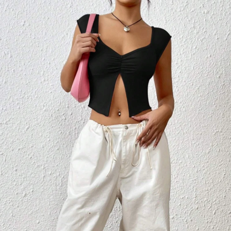 Instagram's new European and American sexy Spice girls design a thin short T-shirt with a slit under the chest