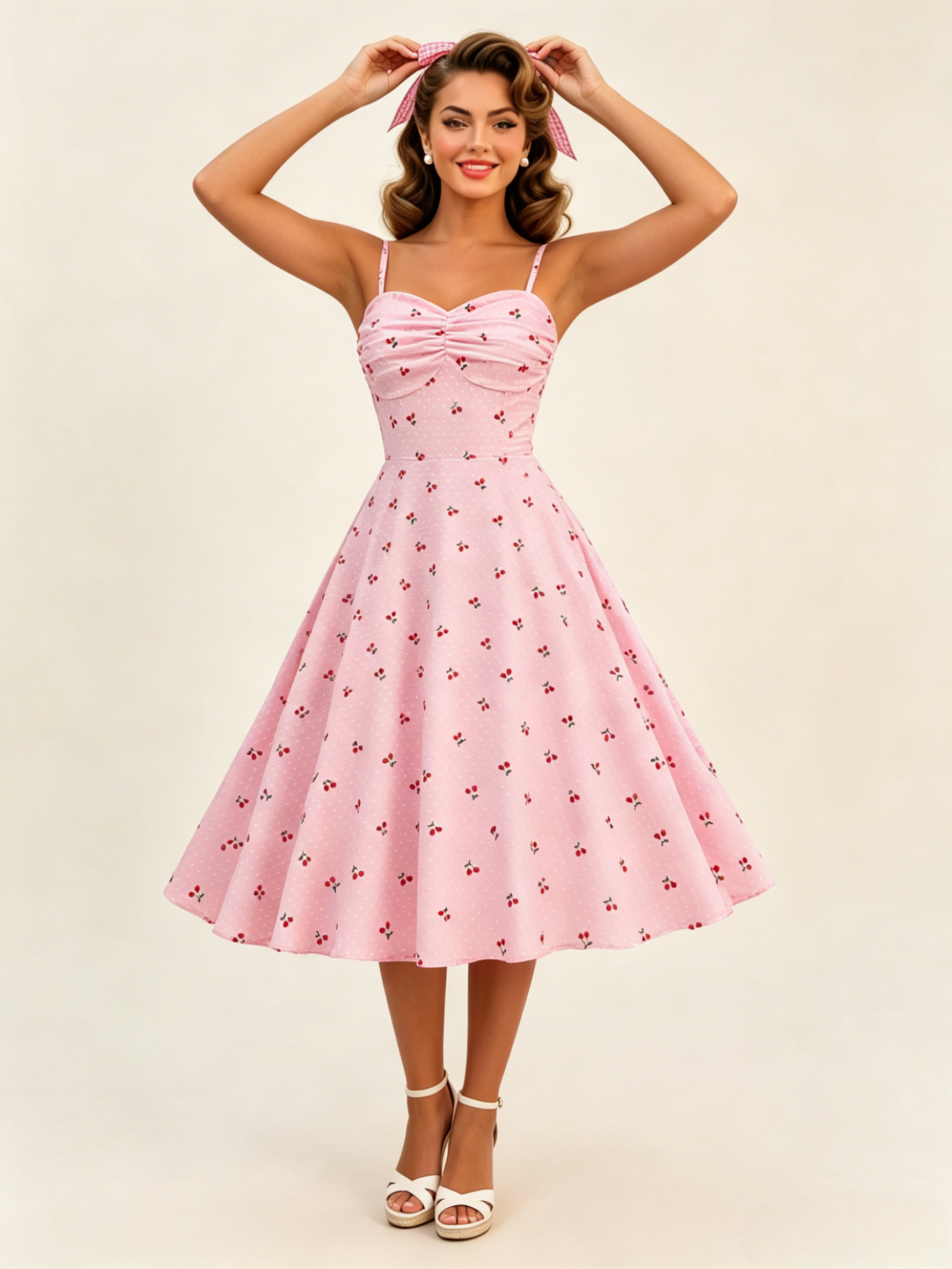 Pink Cherry Print Halter A Line Midi Dress For Women Sweet Summer