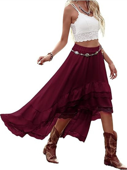 Lace Striped Plaid Midi Skirt For Women