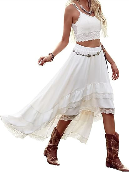 Lace Striped Plaid Midi Skirt For Women