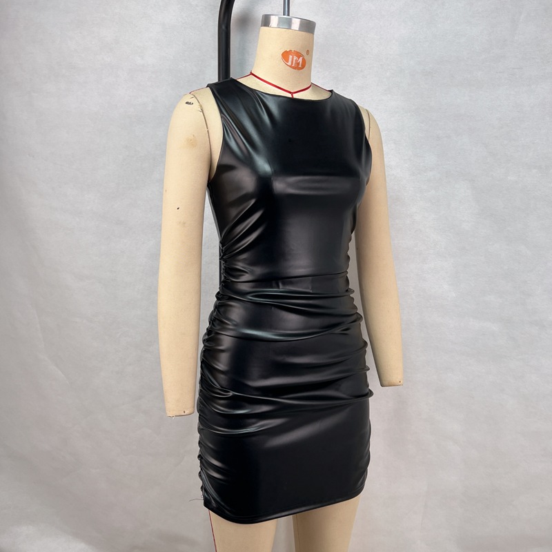 Slim Fit Sheath Dress Women Clothing Solid Color Sleeveless Pleated Waist Tight Slimming Leather Nightclub