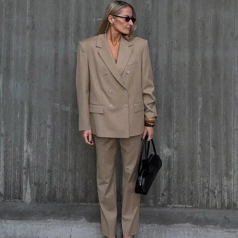 Striped Pant 2 Piece Set Women Double-breasted Full Sleeve Blazer Wide Leg Zipper Long Trousers Female 2025 Lady Commute Outfits