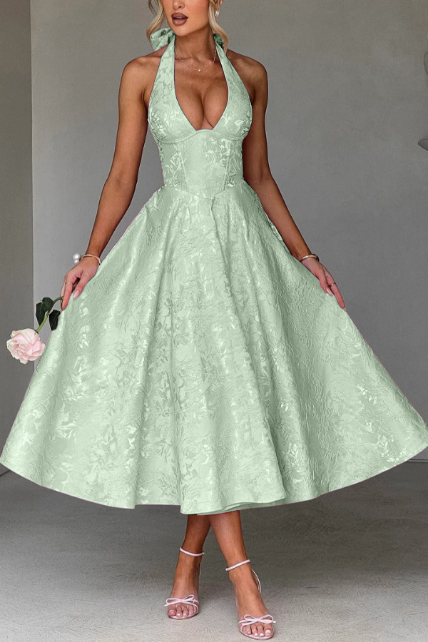 Stylish Jacquard Halter Neck Fitted Waist Open Back Elegant Midi Dress