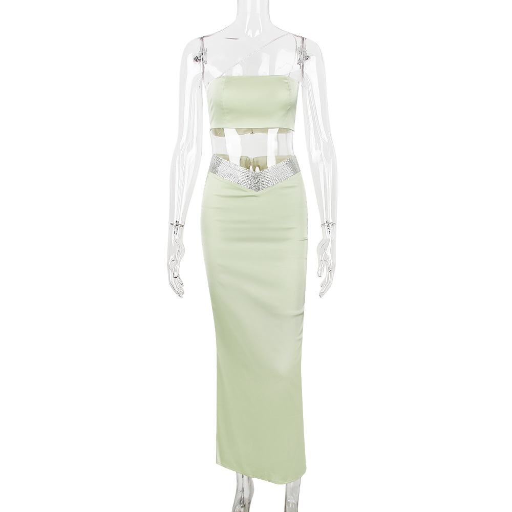 Women Clothing Sexy Oblique Shoulder Drill Chain Tube Top Vest Long Skirt Set Sexy Nightclub Party Two Piece Suit