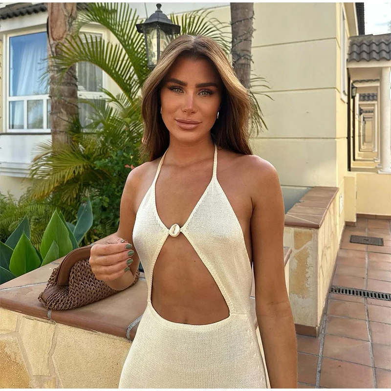 Women Knit Halter Maxi Dress Backless Lace Up V Neck Cutout Bodycon Long Dresses 2025 Summer Vacation Party Holiday Robes New