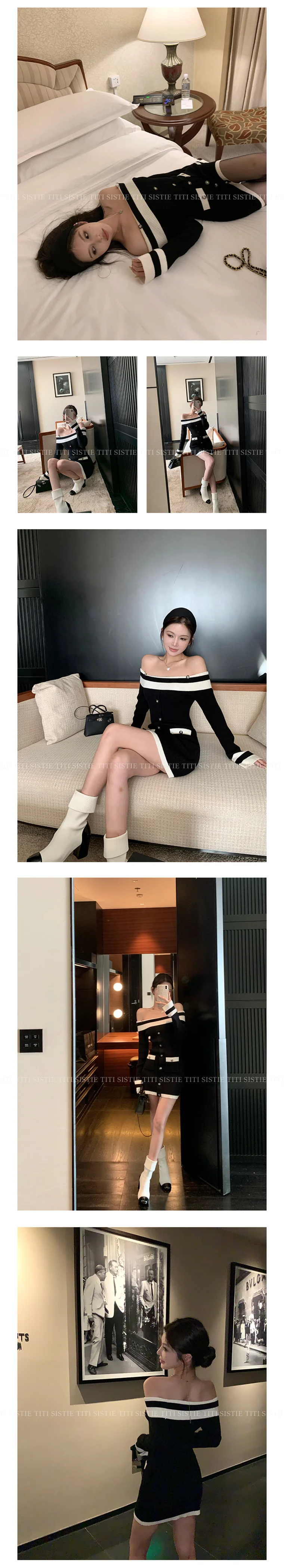 Elegant Slash Neck Knitted Dress Women Long Sleeve Bodycon Mini Dresses Korean Fashion Autumn Winter New Slim Casual Vestidos