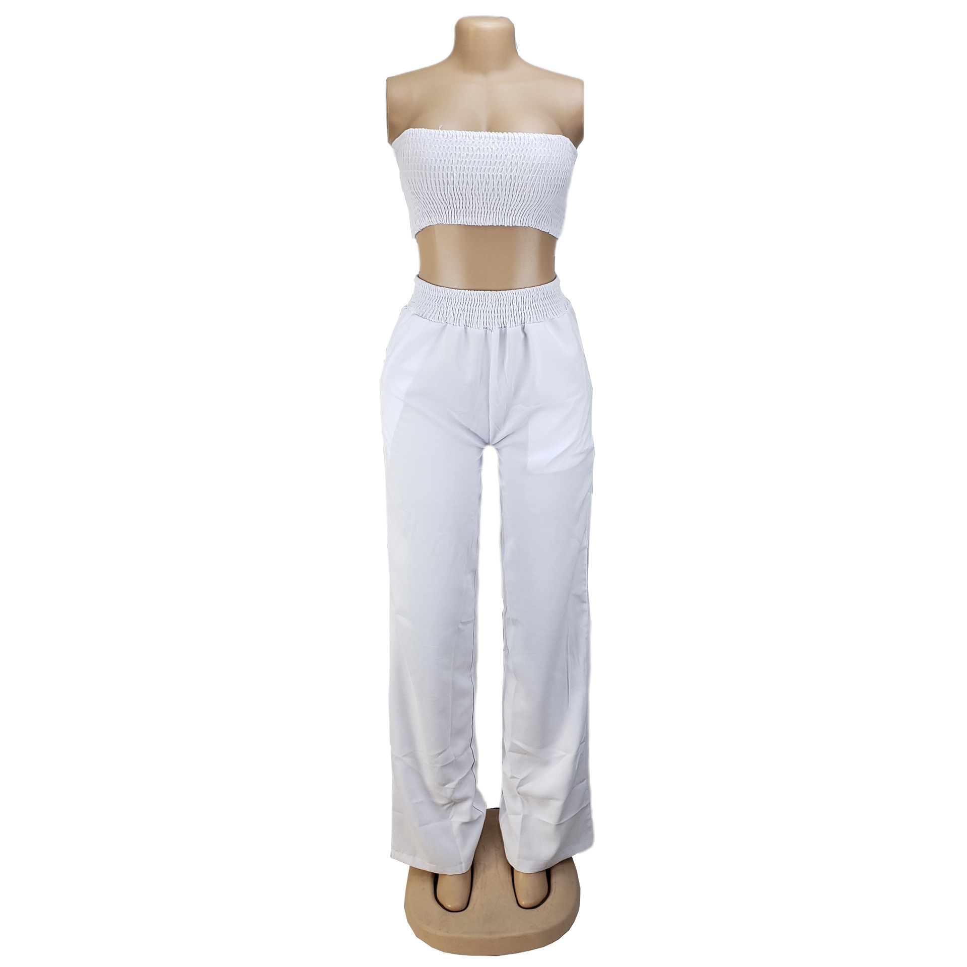 Women Clothing Pleating Sexy Tube Top Two Piece Work Pant Vacation Summer