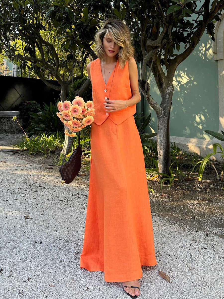 Cotton Linen Vest Skirt Set Women Summer Vest Large Swing Skirt Casual Set