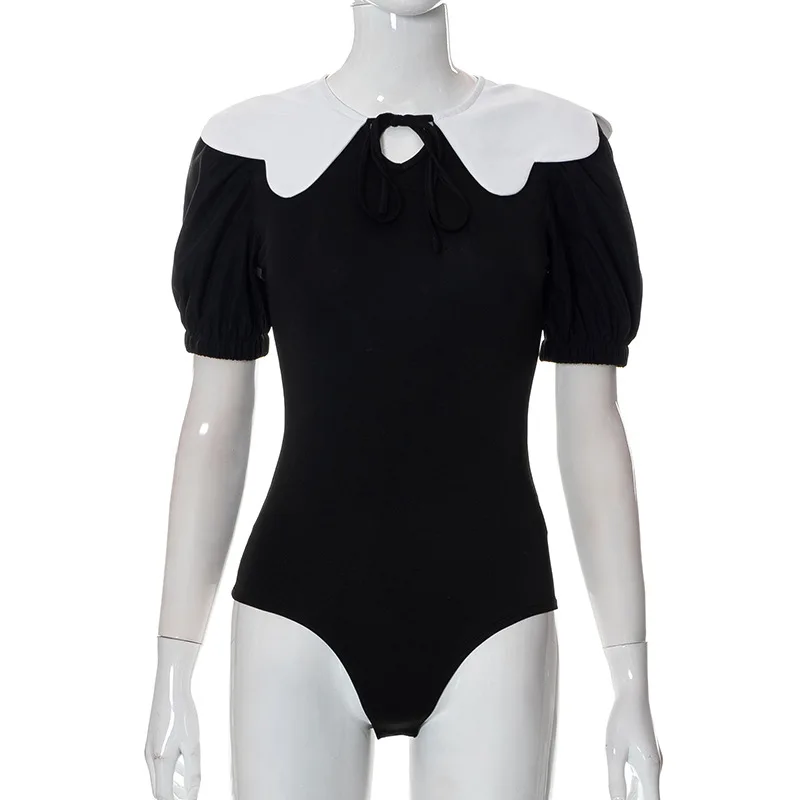 One Piece Outfit with Ruffle Collar for Women, Sexy Bodysuit, Short Sleeve, Color Blocking Lingerie, Elegant Summer Clothes