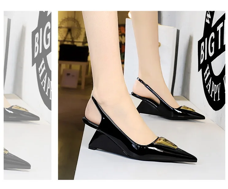Patent Leather High Heels Wedges Shoes Lady Trendy Pumps Pointed Toe Hollow Back Strap 6.5 Cm Women Sandals White Heels Shoes