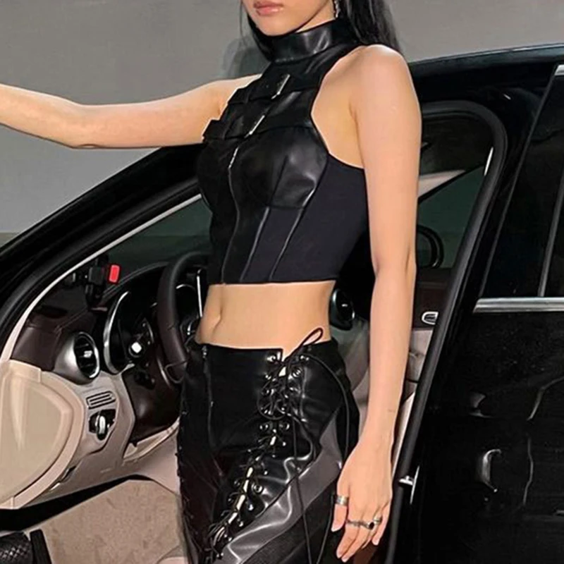 Punk High Street Women Tank Top Leather Buckle Up Sleeveless Zipper Patchwork Crop Vest Tee Hip Hop Club Lady Camis