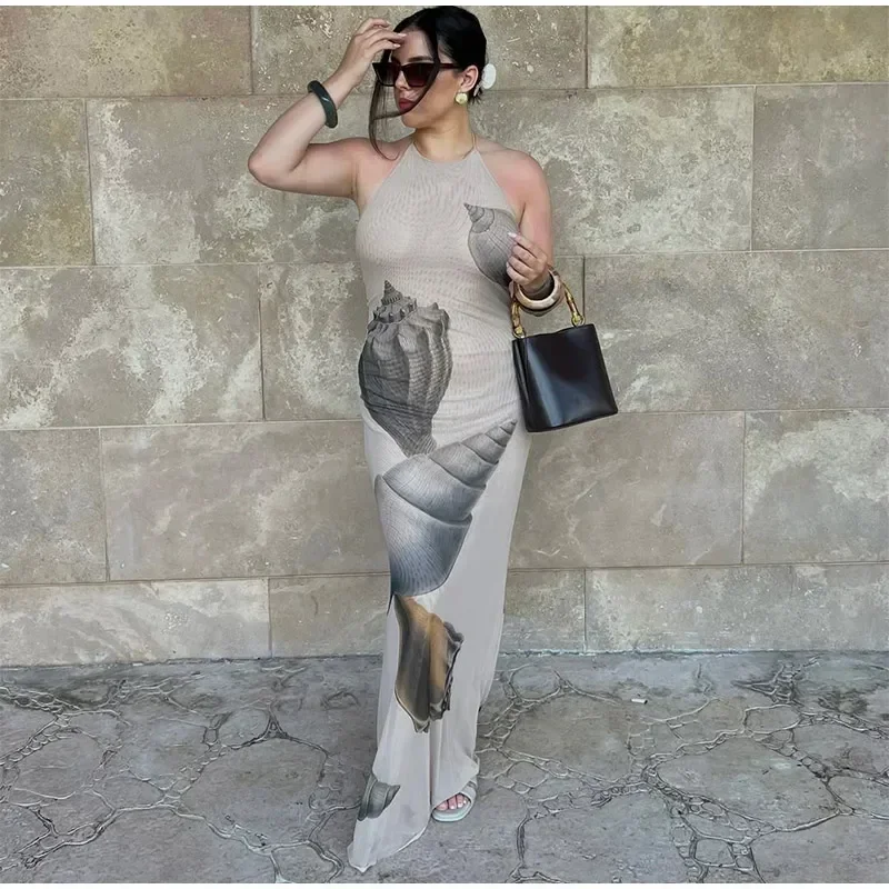 Print Backless Tulle Long Dresses For Women Halter Lace Up Sleeveless Holiday Dresses 2025 Fashion Slim Beach Vacation Robes