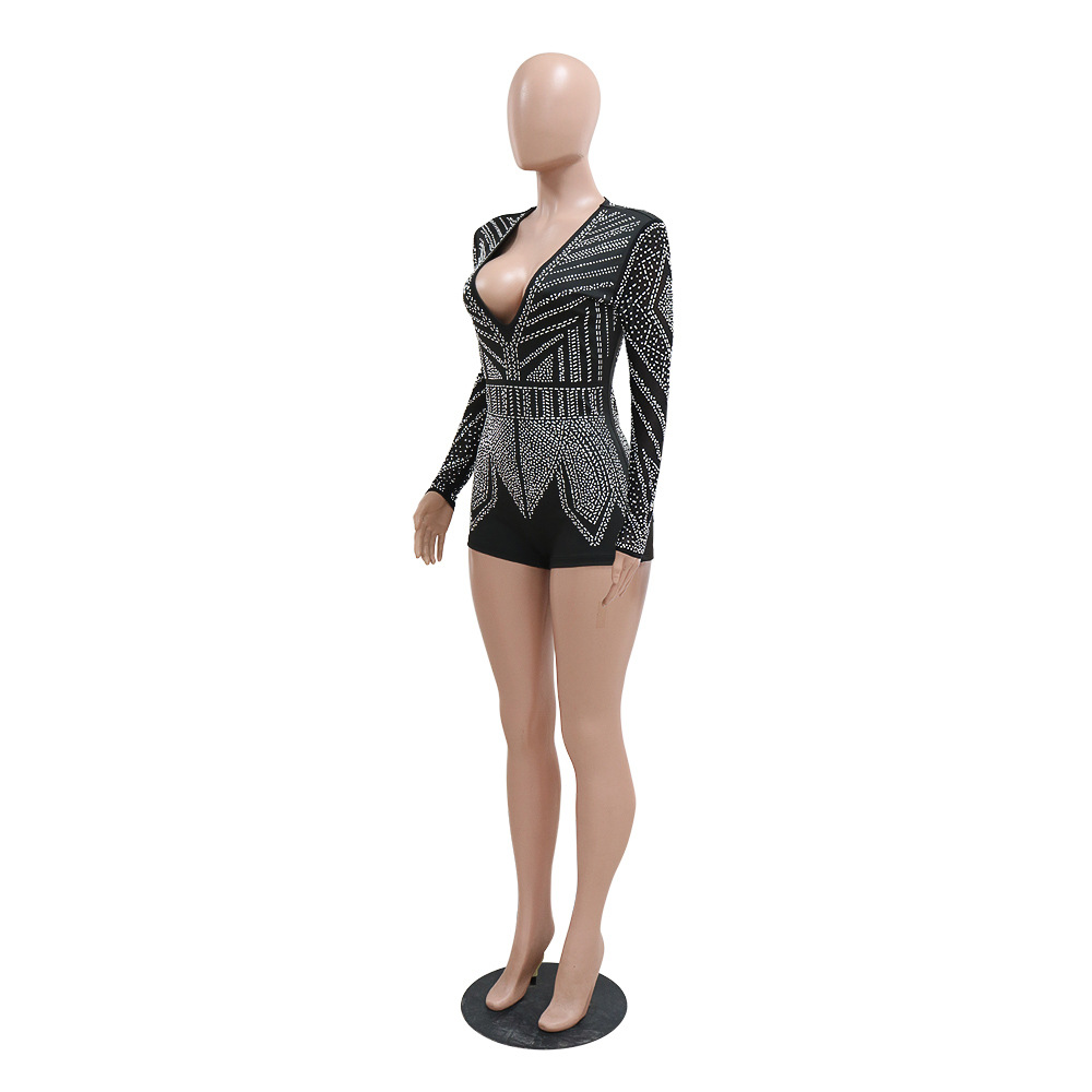 Sexy Deep V Plunge-neck See-through Polyester Mesh Long Sleeve Stitching Straight Slim Fit Bodysuit Women Clothing