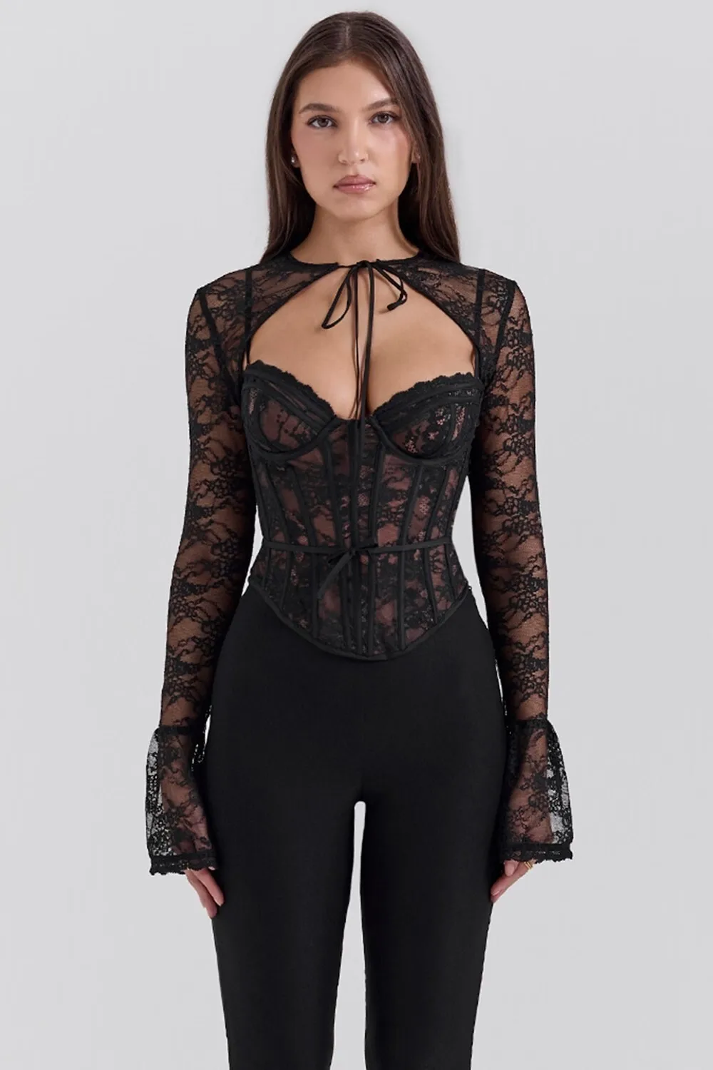 Elegant Lace Printed Patchwork Long Sleeve Hollow Out Women Top Set Sexy Perspective Fishbone Tight Strap Up 2025 Set