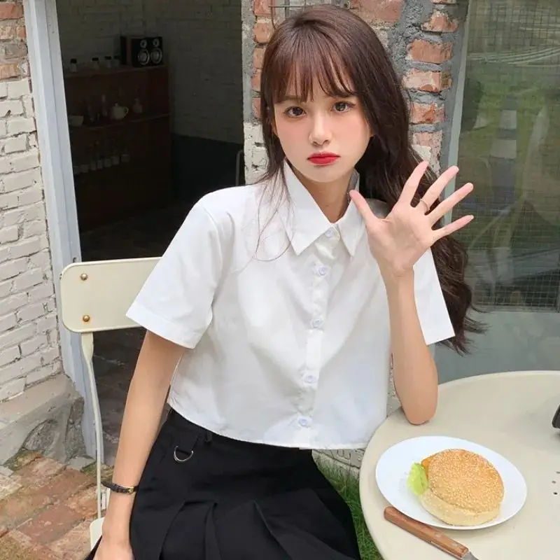 Oversize White Cropped Shirt Women Summer Short Sleeve Polo Neck Sweet Preppy Button Short Shirts Korean Female Blouses Blusa