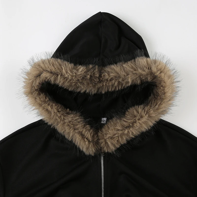Y2K Fur Trim Hoodie Cardigan Women Basic Black Slim Cropped Jacket 90s Vintage Winter Zipper Coat Harajuku Streetwear
