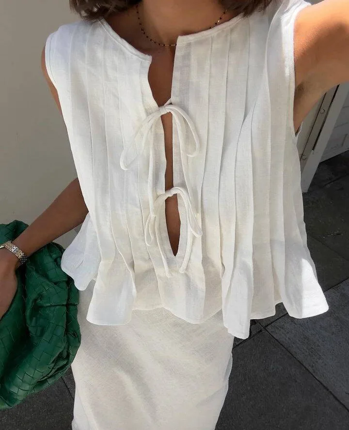 White Bandage Ribbed Tank Top Shirts For Women Hollow Out Sleeveless Slim Summer Fashion Vest Women's Lace-Up Vest Y2k Top