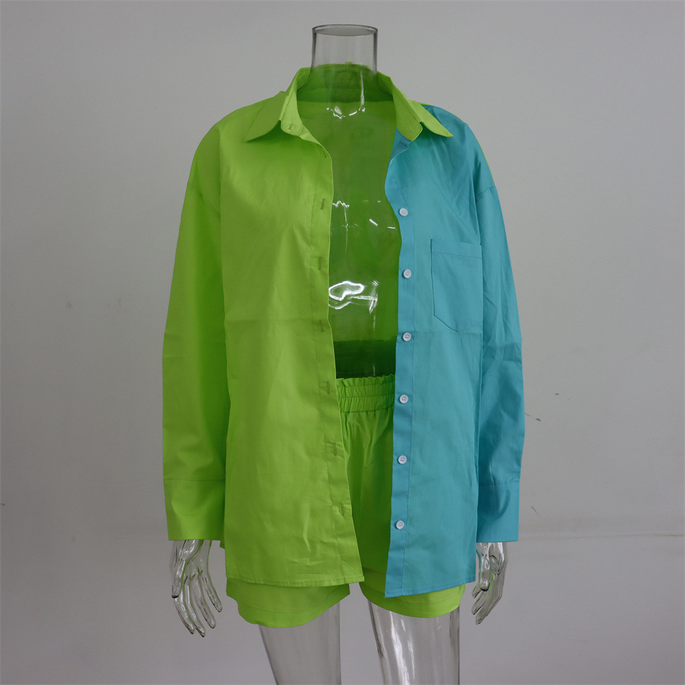 Spring Summer Two Piece Set Solid Color Single Breasted Long Sleeve Collared Shirt Shorts Loose Casual Set