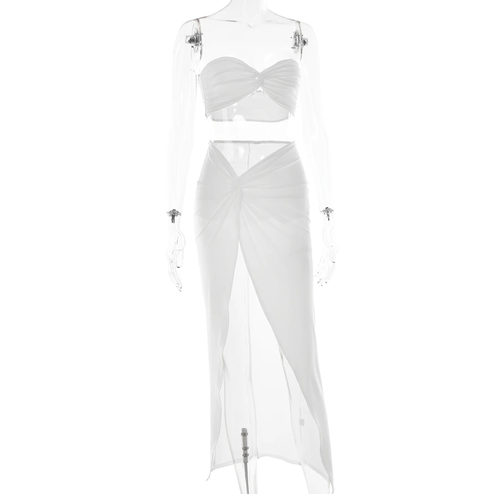 Sexy Strapless Hollow Out Women Dress White Sleeveless High Slit Dress Female Autumn Skinny Elegant Party Clubwear