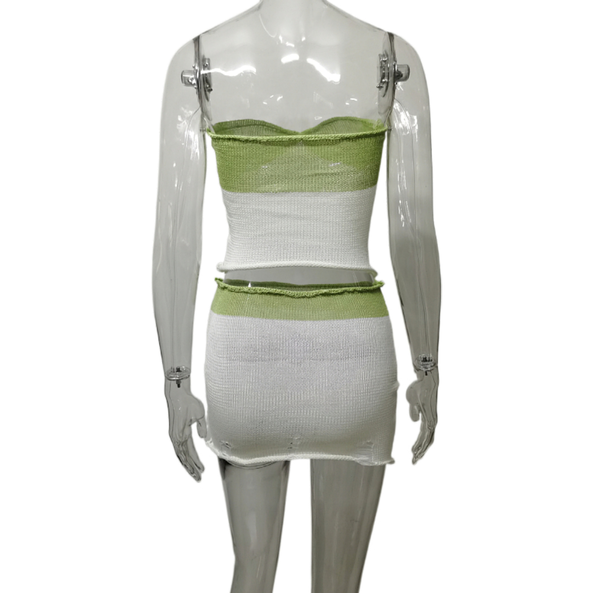 Summer Casual Sexy Sleeveless Hollow Out Cutout Knitted Wrapped Chest Contrast Color Skirt Knitting Suit Women