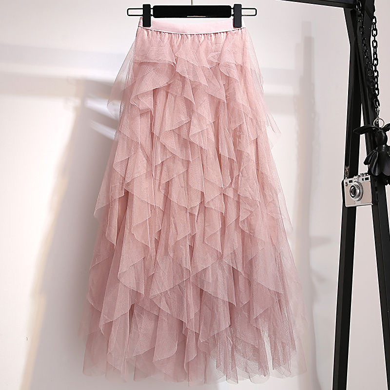 Autumn Winter Vintage Layered Tulle Skirt Women Elastic High Waist Mesh Skirts Long Pleated Tutu Skirt Jupe Longue