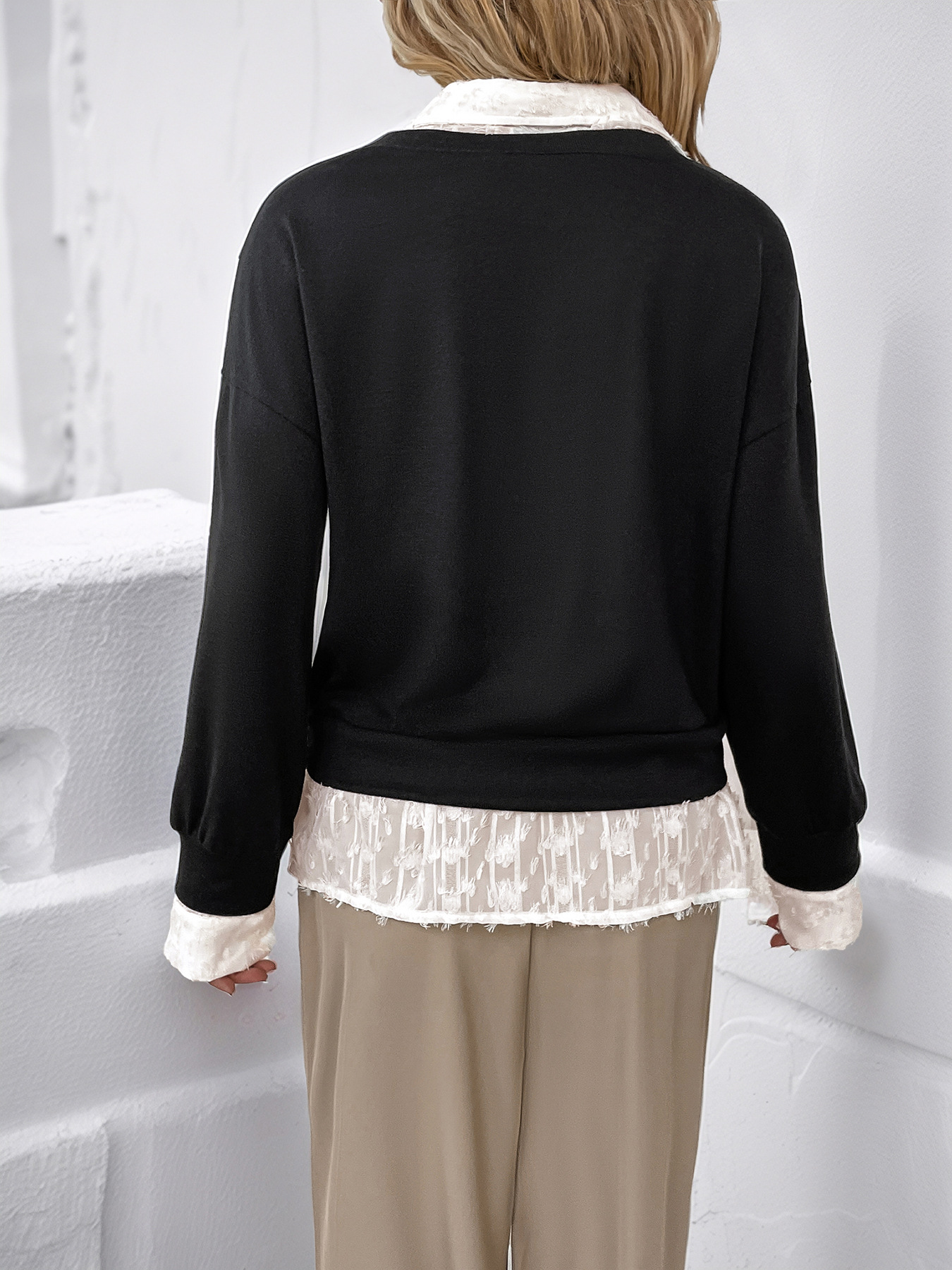 Autumn Casual Top Collared Patchwork False Two Piece Sweatshirt Women